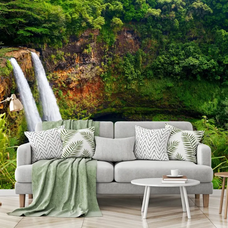 Fototapete doppelter wasserfall im üppig grünen wald