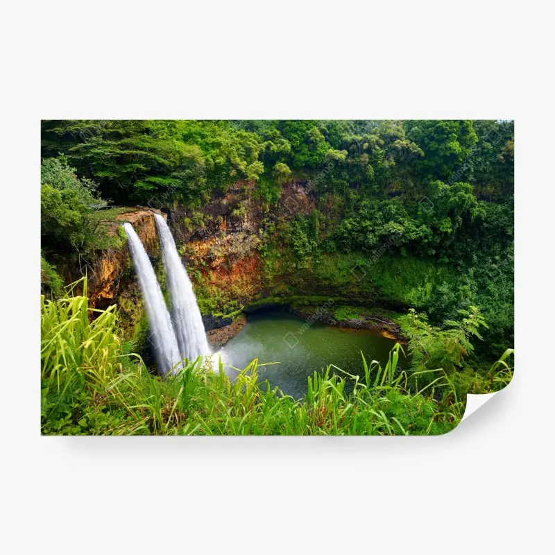 Fototapete doppelter wasserfall im üppig grünen wald