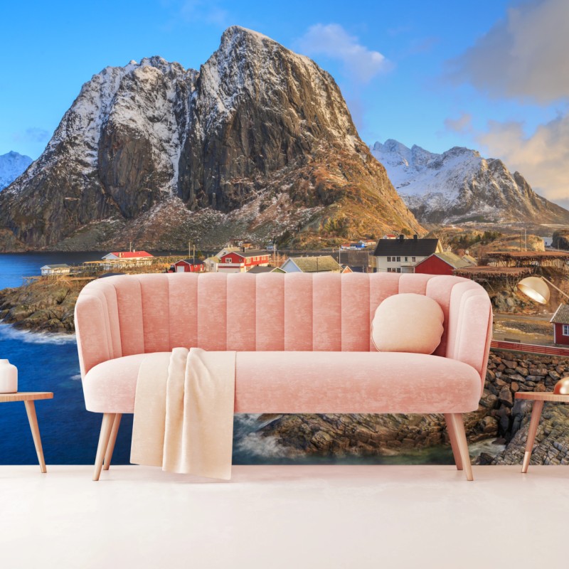 Fototapete küstendorf in Norwegen mit roten fischerhütten