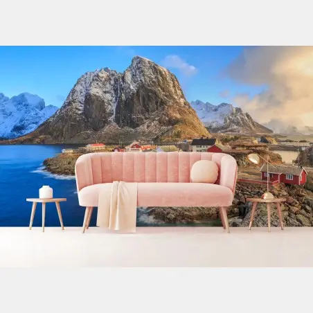 Fototapete küstendorf in Norwegen mit roten fischerhütten – Pixers®