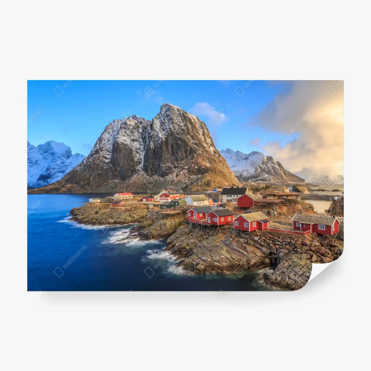 Fototapete küstendorf in Norwegen mit roten fischerhütten – Pixers®