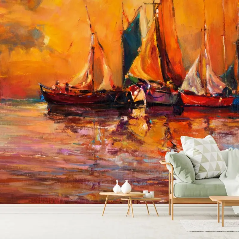 Fototapete goldener sonnenuntergang mit segelbooten
