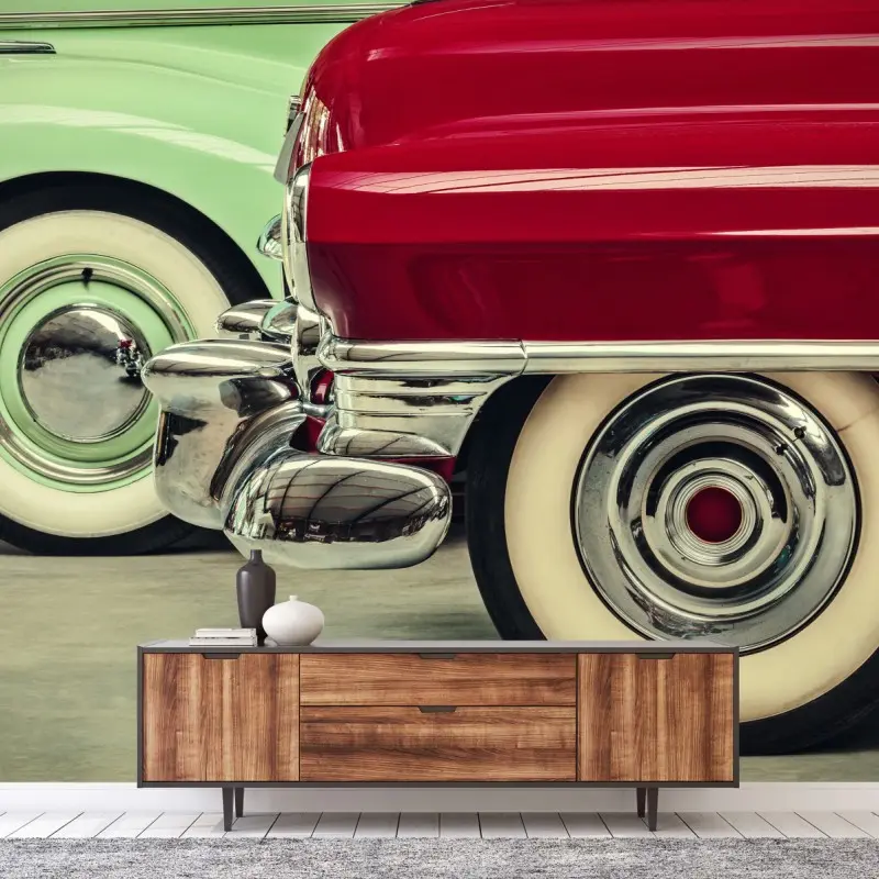 Fototapete nahaufnahme klassischer autos in rot und mint