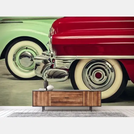 Fototapete nahaufnahme klassischer autos in rot und mint – Pixers®