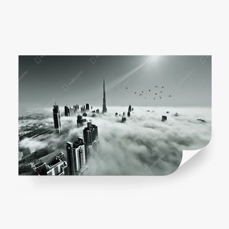 Fototapete neblige skyline von Dubai über den wolken