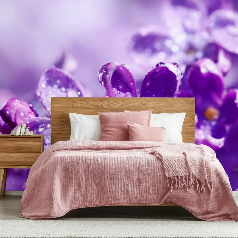 Fototapete lila fliederblüte mit tau