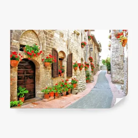 Fototapete sonnige steingasse mit roten geranien – Pixers®
