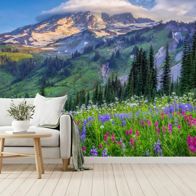 Fototapete alpine blumenwiese vor schneebedeckten bergen