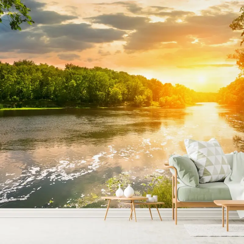 Fototapete ruhiger sonnenuntergang am fluss im grünen wald