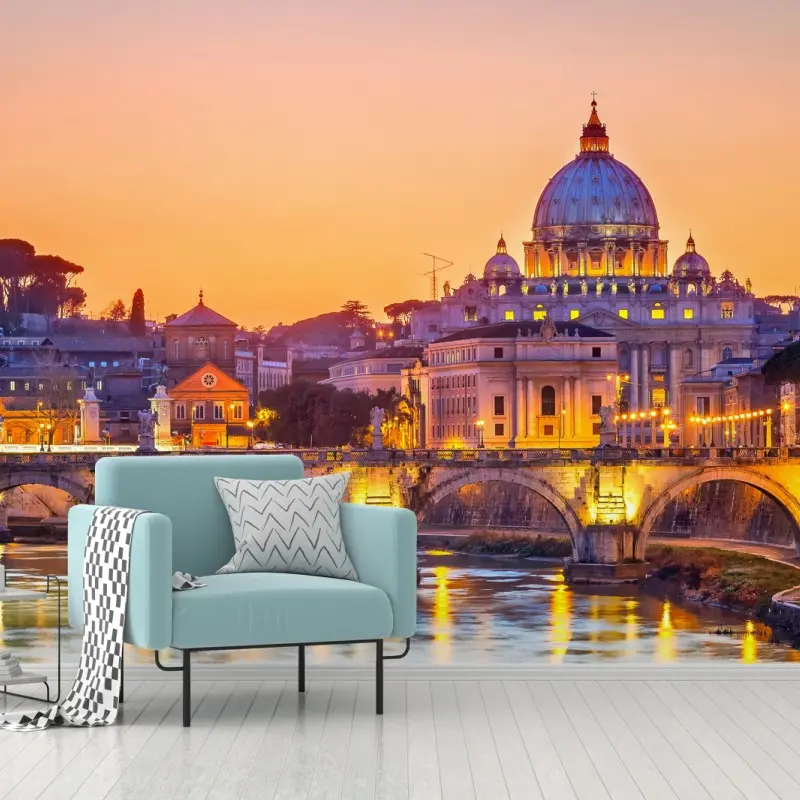 Fototapete sonnenuntergang über dem Petersdom und dem Tiber
