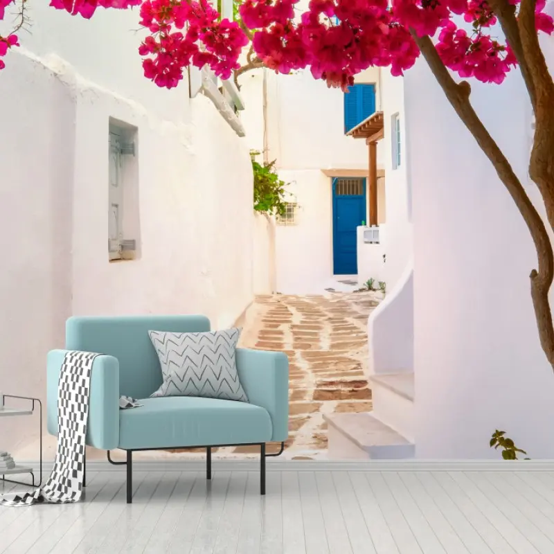 Fototapete sonnige gasse in Griechenland mit bougainvillea