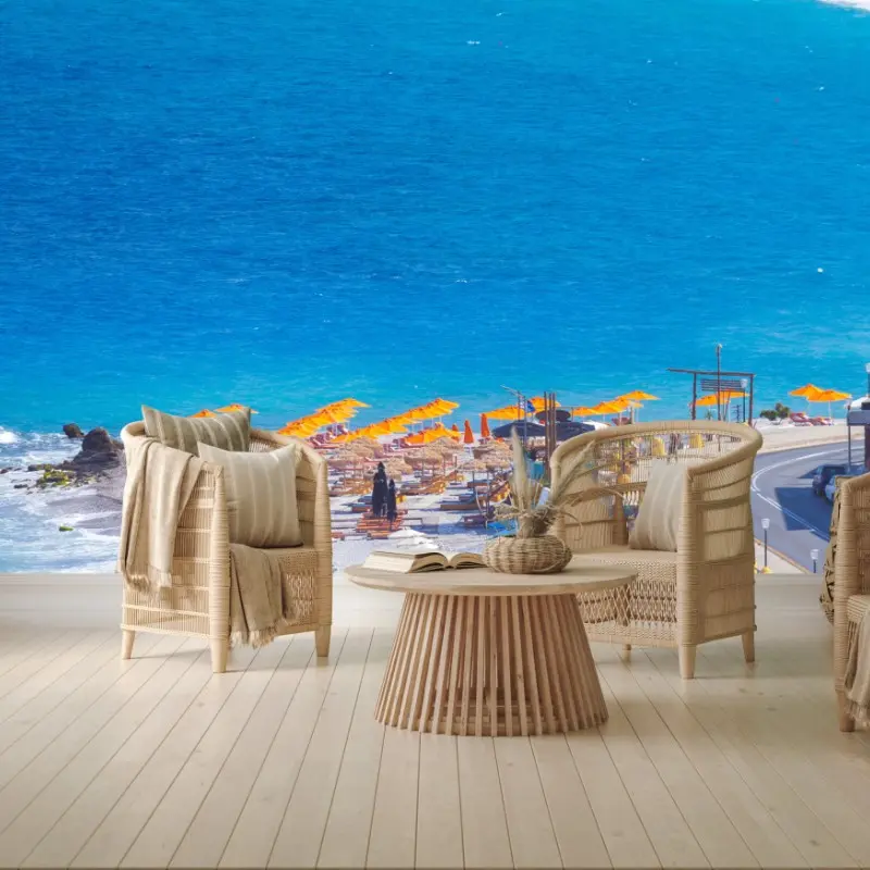 Fototapete Rhodos strand mit bunten sonnenschirmen