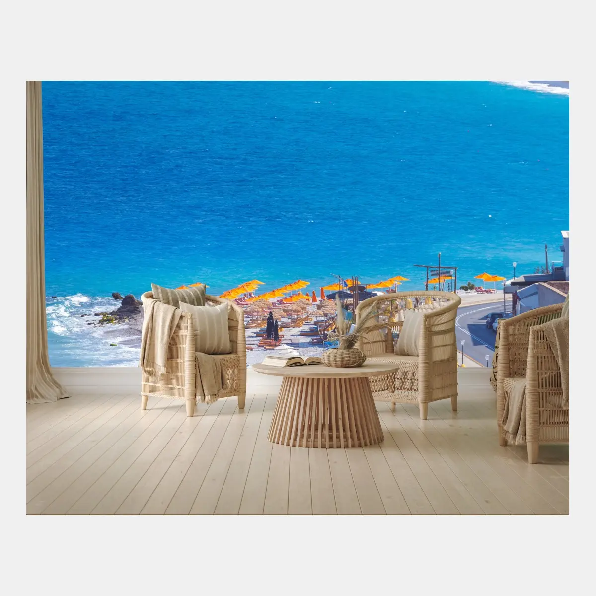 Fototapete Rhodos strand mit bunten sonnenschirmen – Pixers®