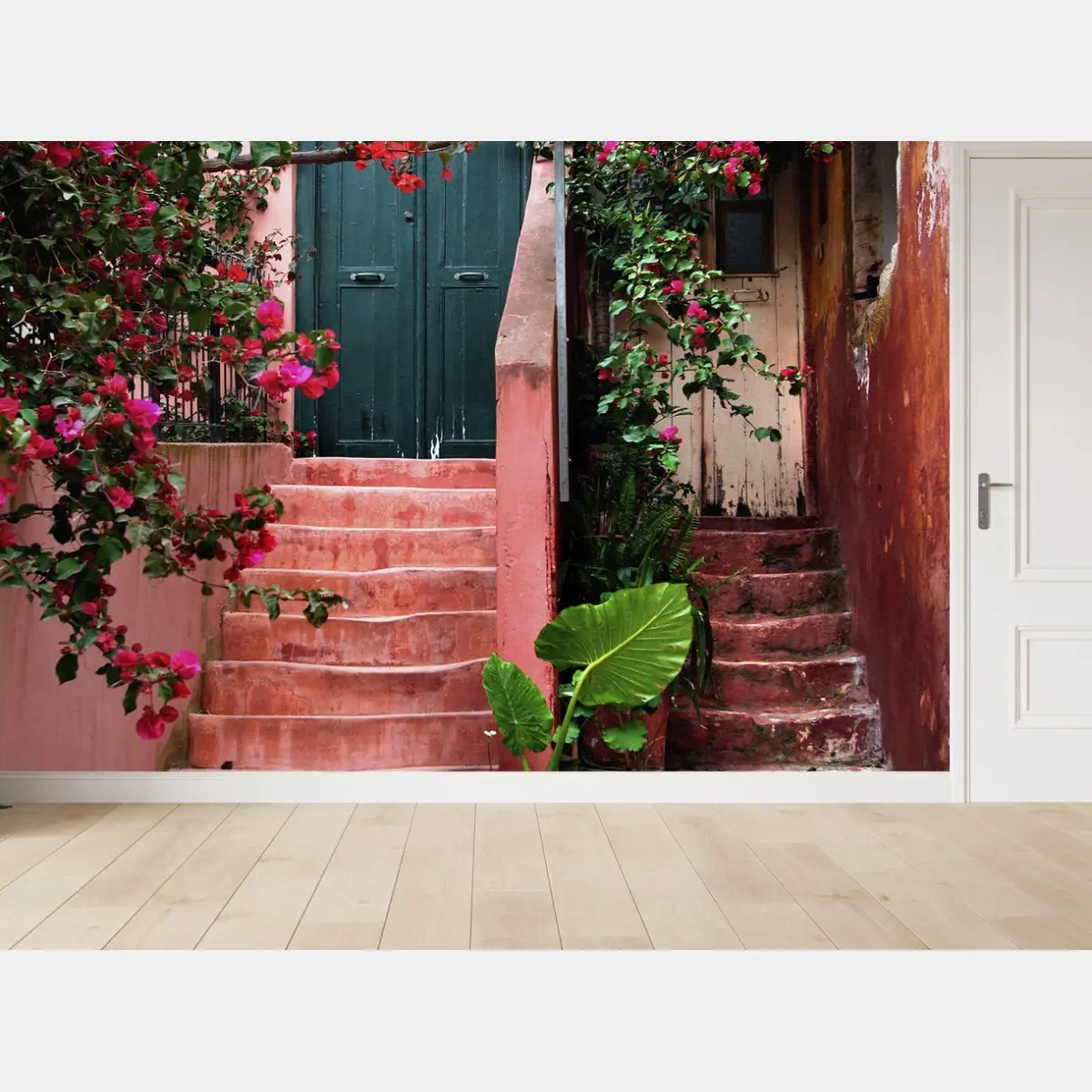 Fototapete treppe mit bougainvillea und grünen pflanzen – Pixers®