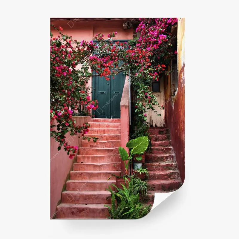 Fototapete treppe mit bougainvillea und grünen pflanzen