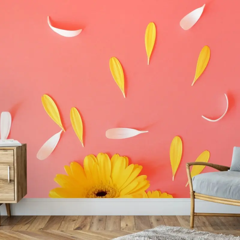 Fototapete sonnige gelbe gerbera auf korallfarbenem hintergrund