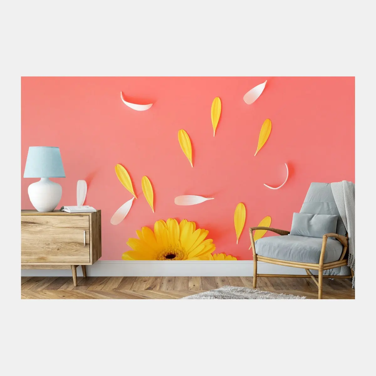 Fototapete sonnige gelbe gerbera auf korallfarbenem hintergrund – Pixers®