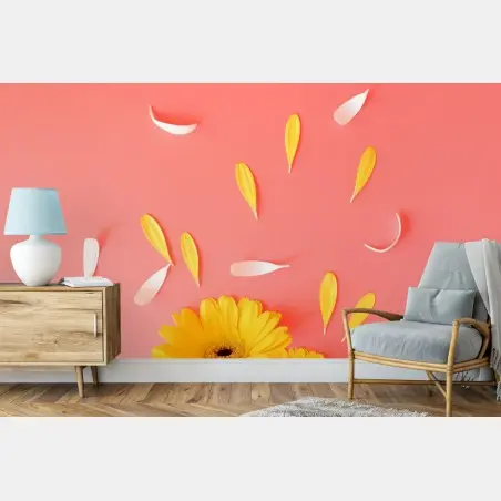 Fototapete sonnige gelbe gerbera auf korallfarbenem hintergrund – Pixers®