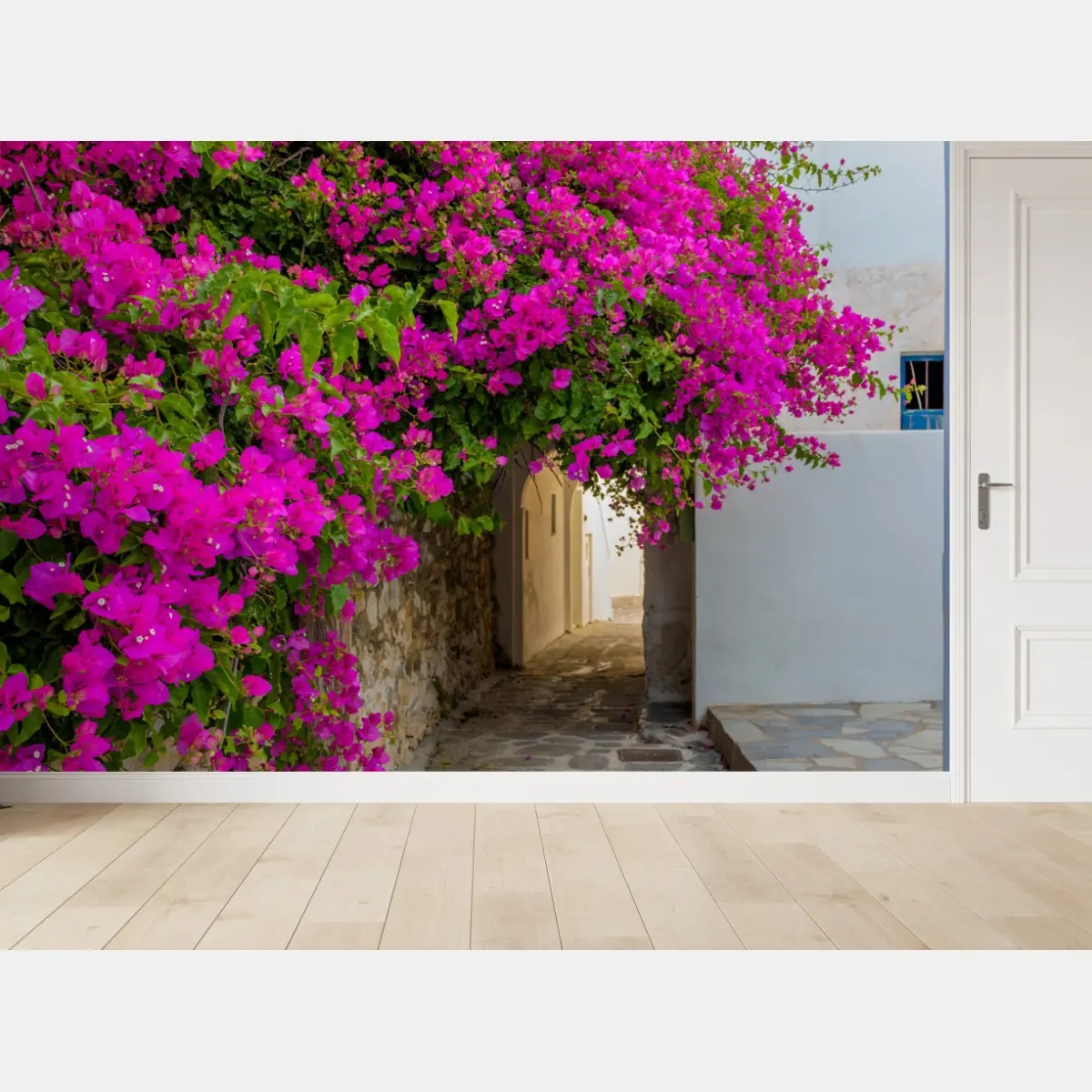 Fototapete blühende bougainvillea in Naousa gasse – Pixers®