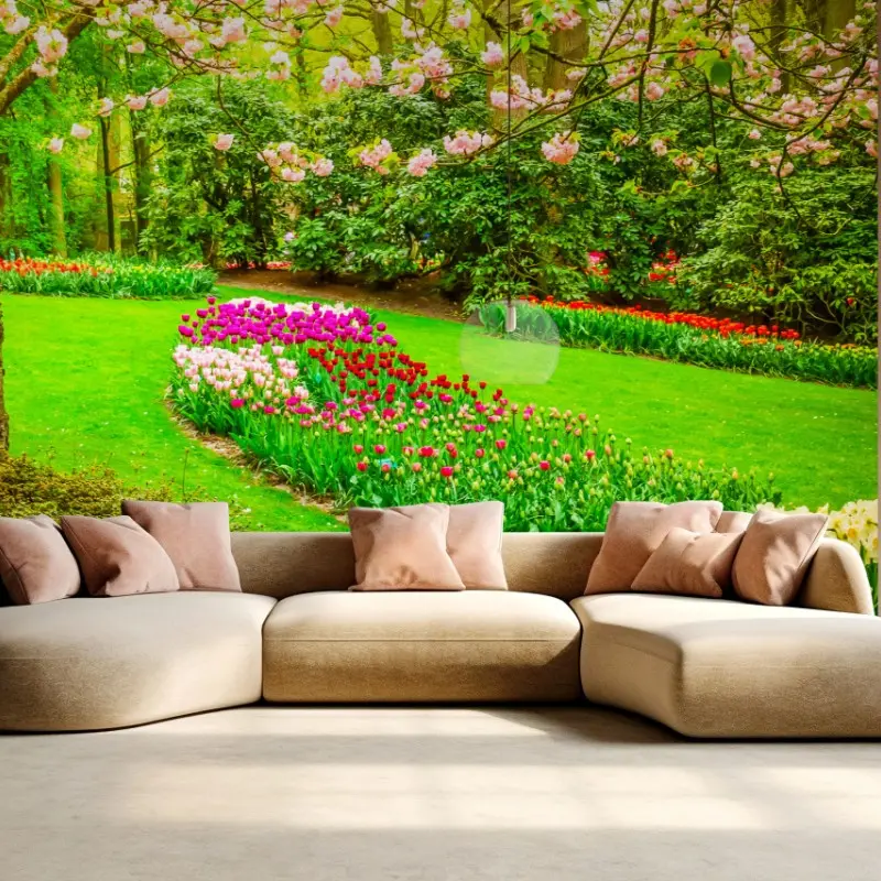 Fototapete frühlingsgarten in blüte: tulpen und kirschblüten
