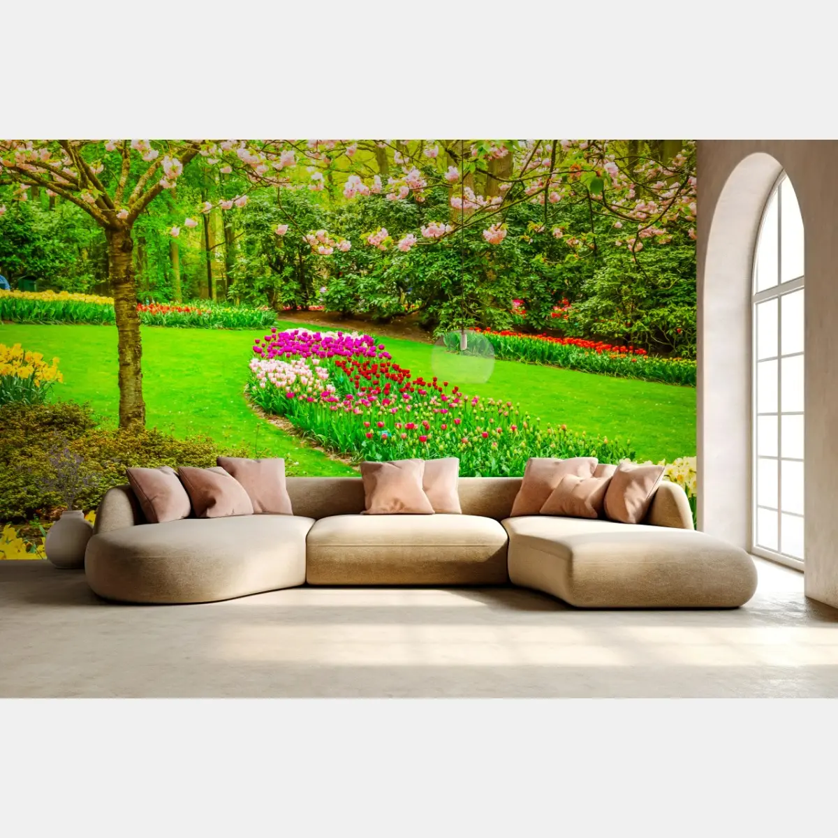 Fototapete frühlingsgarten in blüte: tulpen und kirschblüten – Pixers®