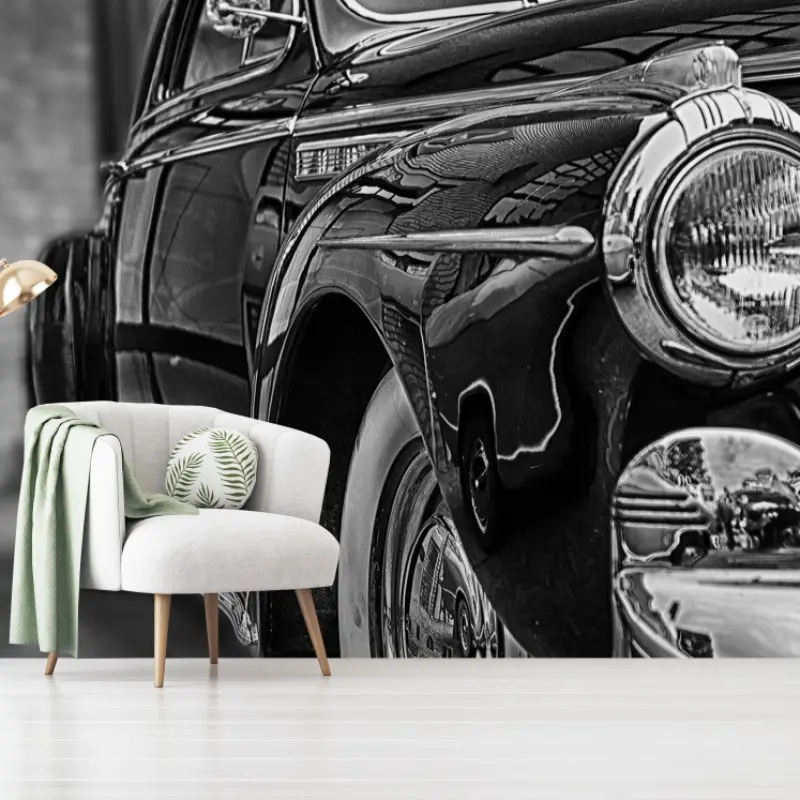 Fototapete vintage klassisches auto auf kopfsteinpflaster