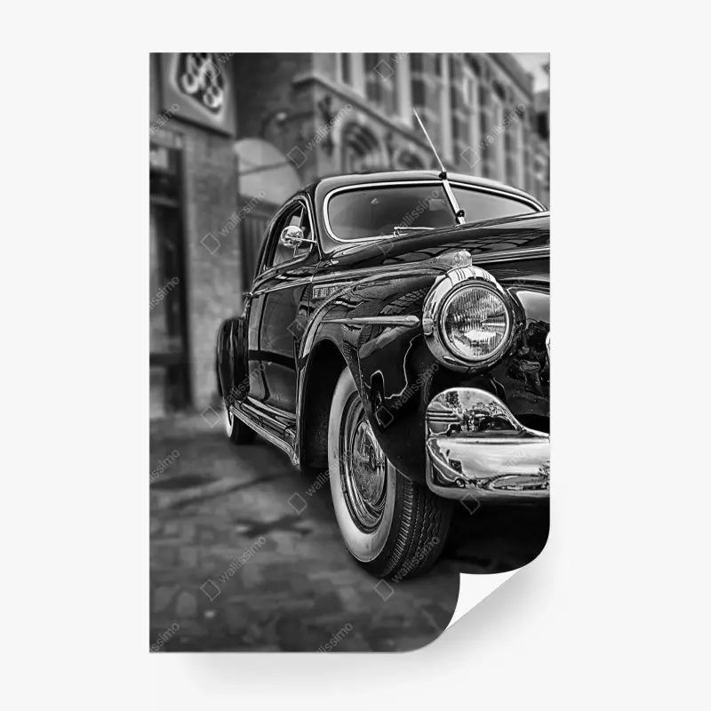 Fototapete vintage klassisches auto auf kopfsteinpflaster