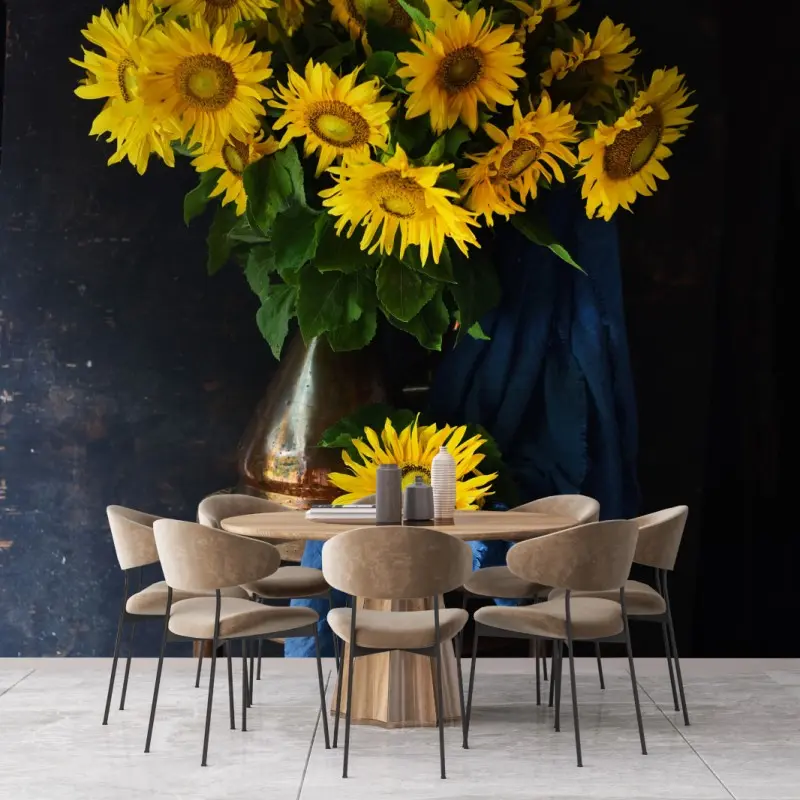 Fototapete leuchtender sonnenblumenstrauß auf vintage-hocker