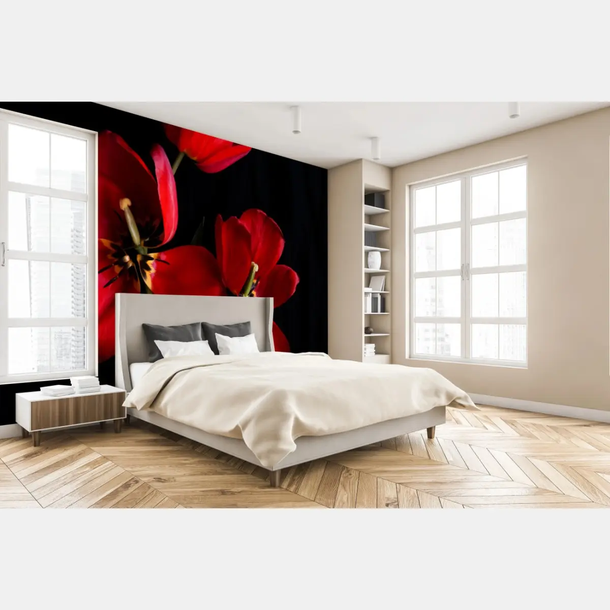Fototapete drei rote tulpen vor schwarzem hintergrund – Pixers®