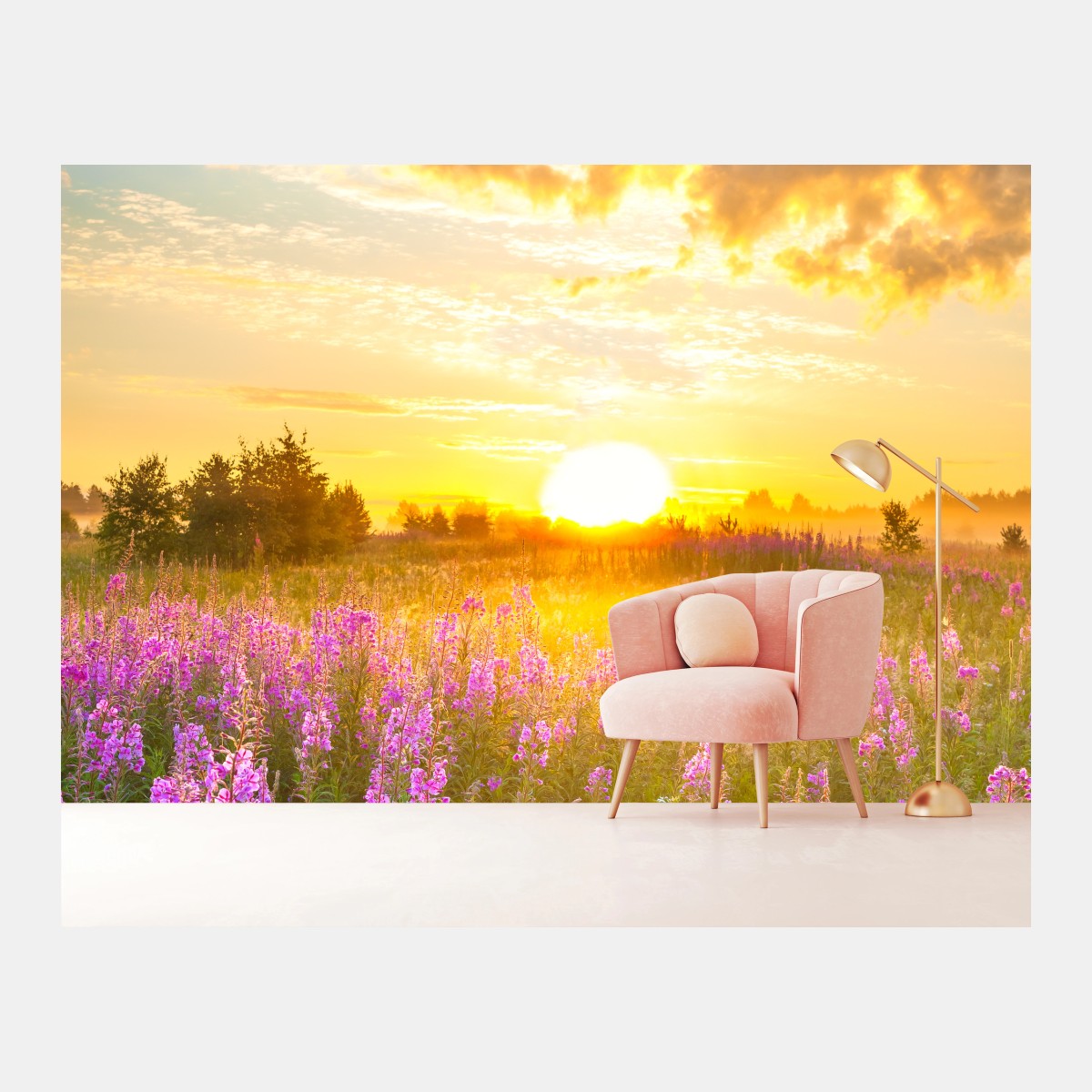 Fototapete sonnenaufgang über violetter wildblumenwiese – Pixers®