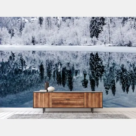 Fototapete winterlicher see mit spiegelung im verschneiten wald – Pixers®