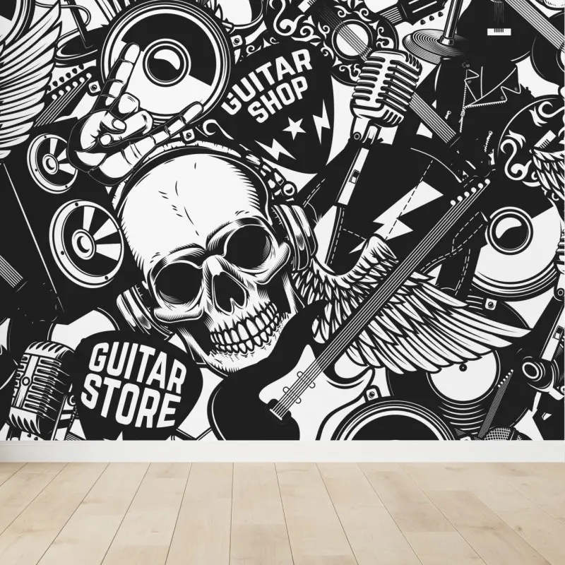 Fototapete rock-collage mit schädel und gitarre