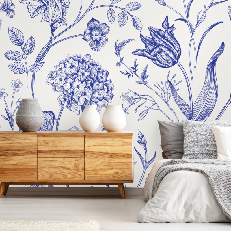 Fototapete klassisches blaues toile blumenmuster