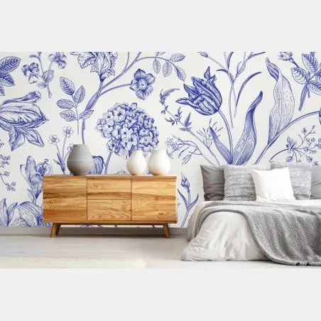 Fototapete klassisches blaues toile blumenmuster – Pixers®