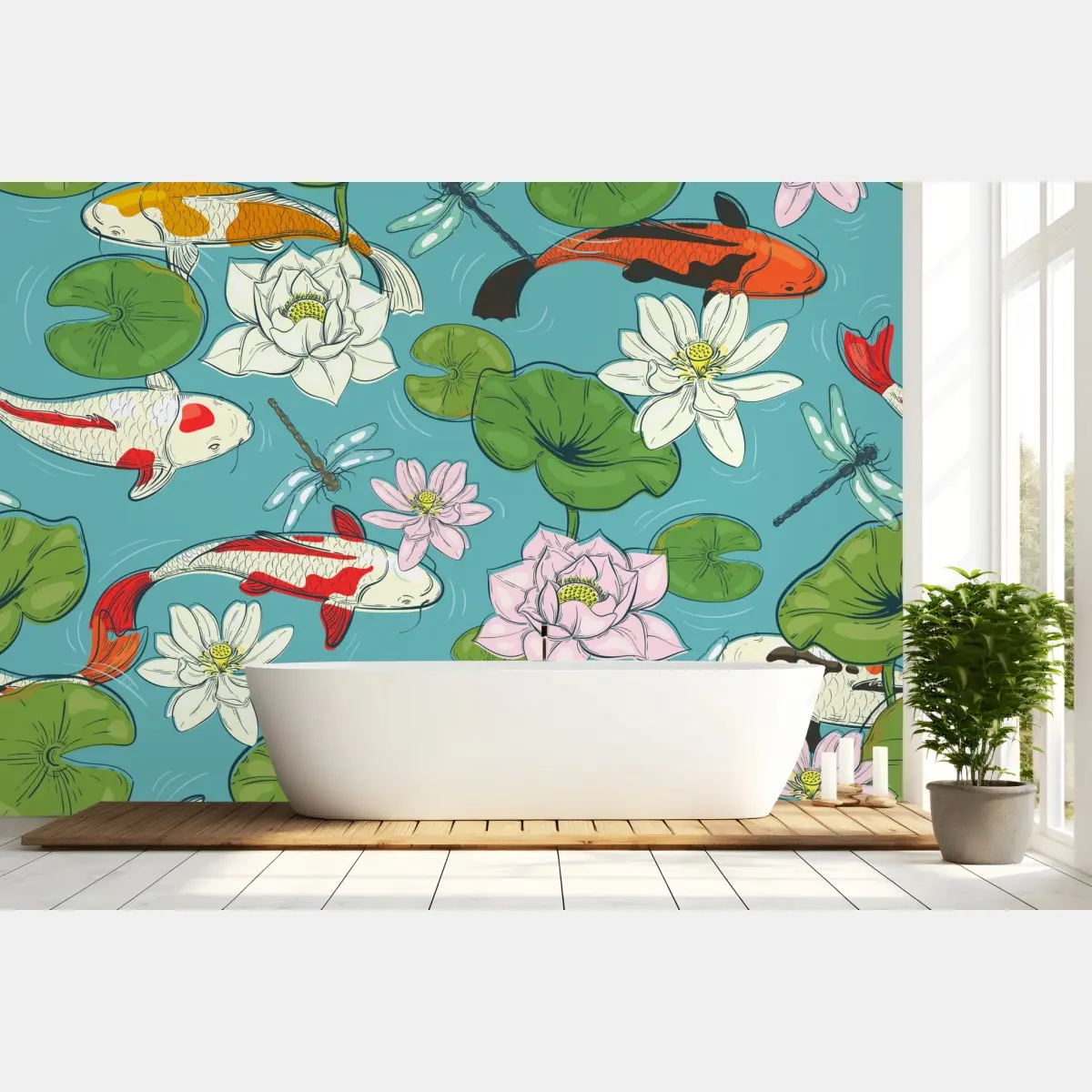 Fototapete ruhiger koi-teich mit lotuspflanzen – Pixers®