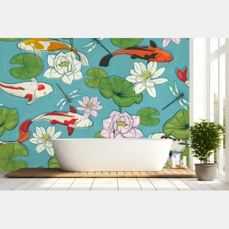 Fototapete ruhiger koi-teich mit lotuspflanzen – Pixers®