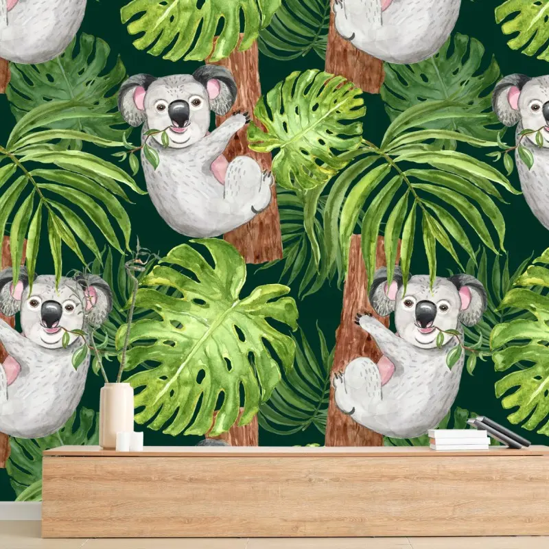 Fototapete niedliches aquarell-koala-muster mit tropischen blättern