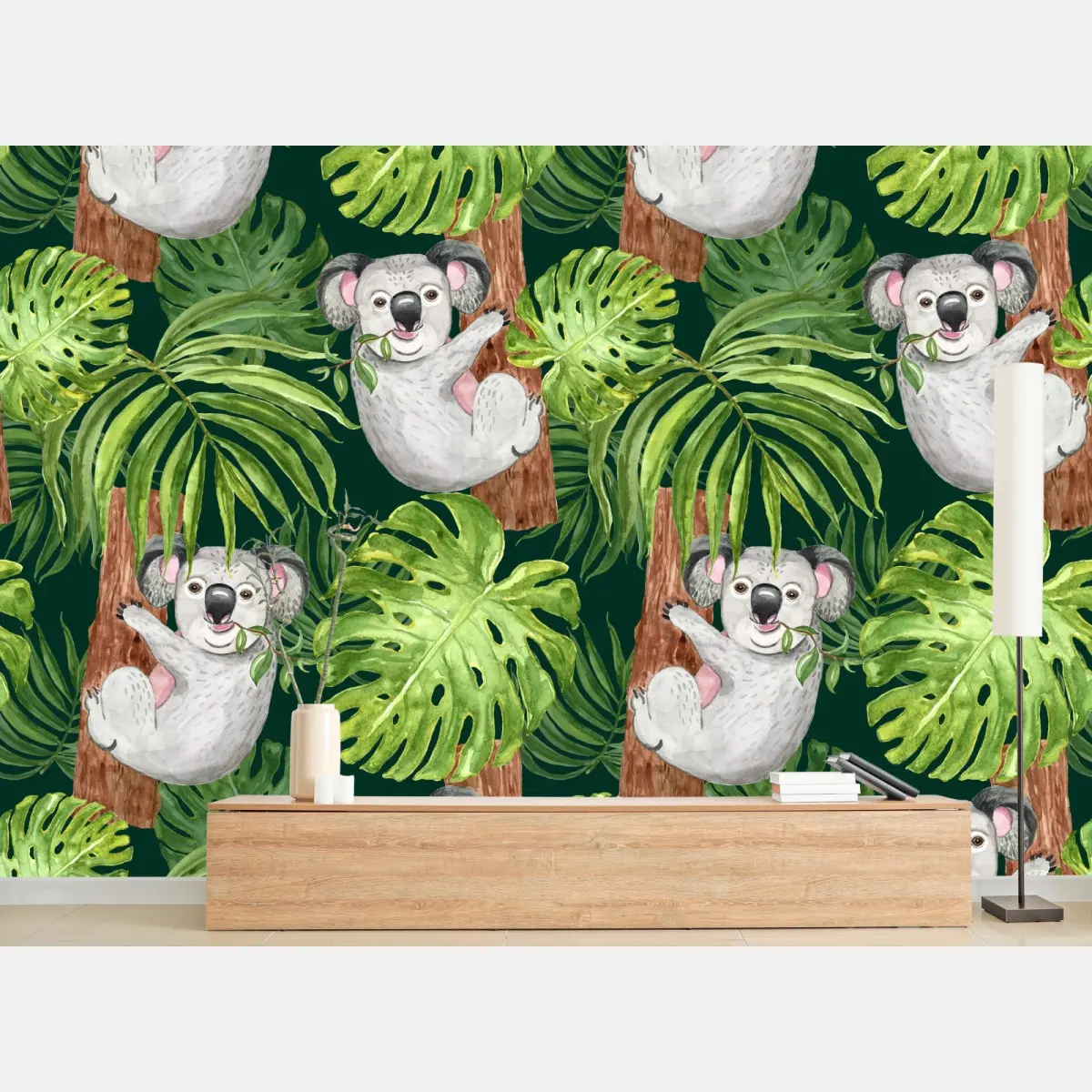 Fototapete niedliches aquarell-koala-muster mit tropischen blättern – Pixers®