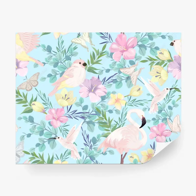 Fototapete pastell tropisches vögel- und blumenmuster