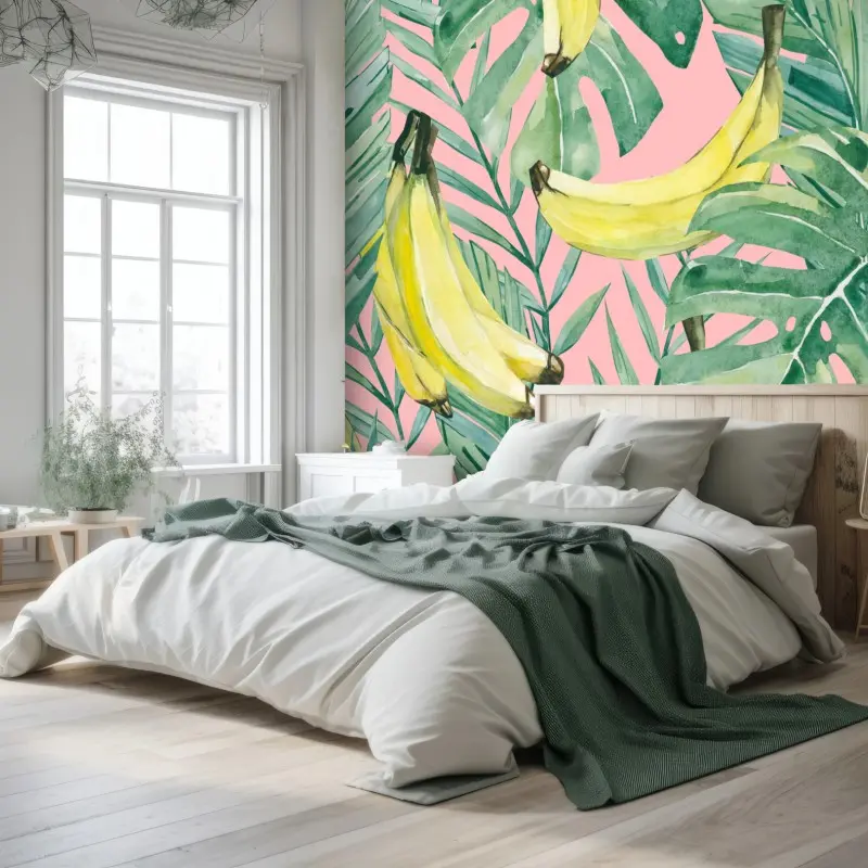 Fototapete aquarell-bananen und blättermuster auf rosa hintergrund