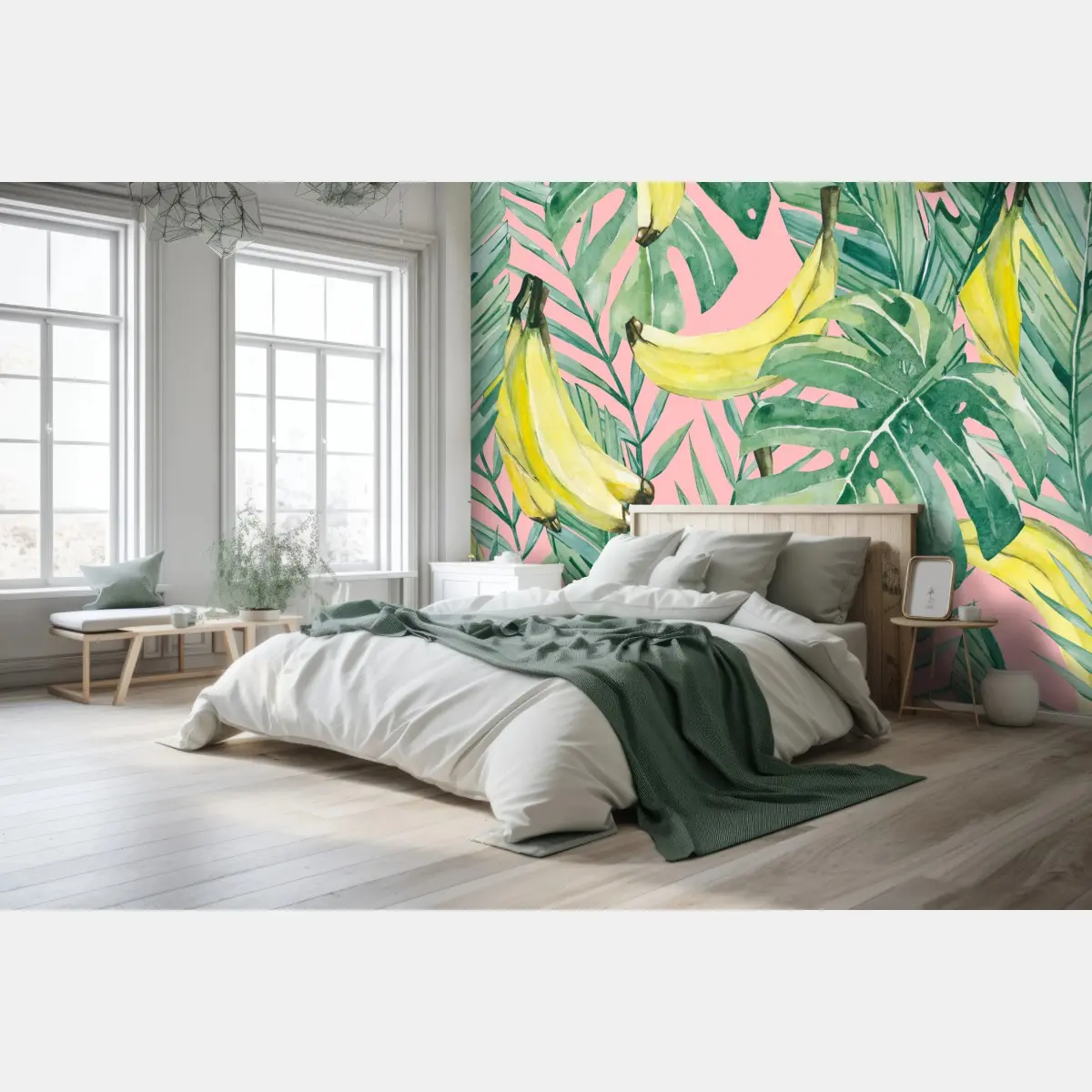 Fototapete aquarell-bananen und blättermuster auf rosa hintergrund – Pixers®