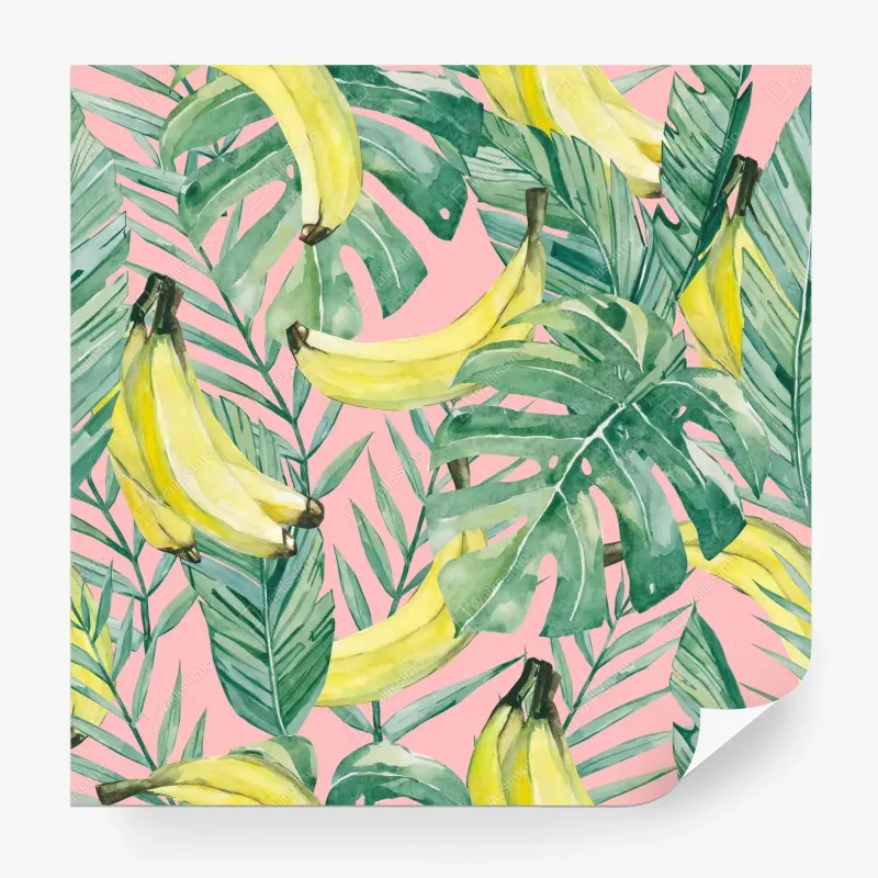 Fototapete aquarell-bananen und blättermuster auf rosa hintergrund