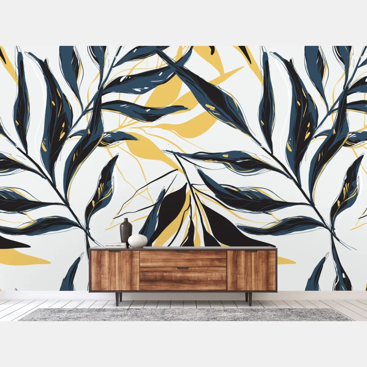 Fototapete marineblaue und goldene botanische blattkomposition – Pixers®