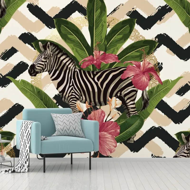 Fototapete vintage tropisches muster mit zebra und hibiskus
