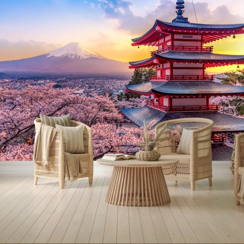 Fototapete sonnenuntergang über dem Fuji und der Chureito-Pagode