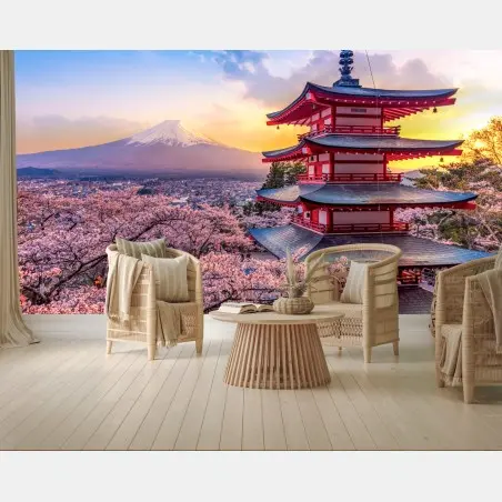 Fototapete sonnenuntergang über dem Fuji und der Chureito-Pagode – Pixers®