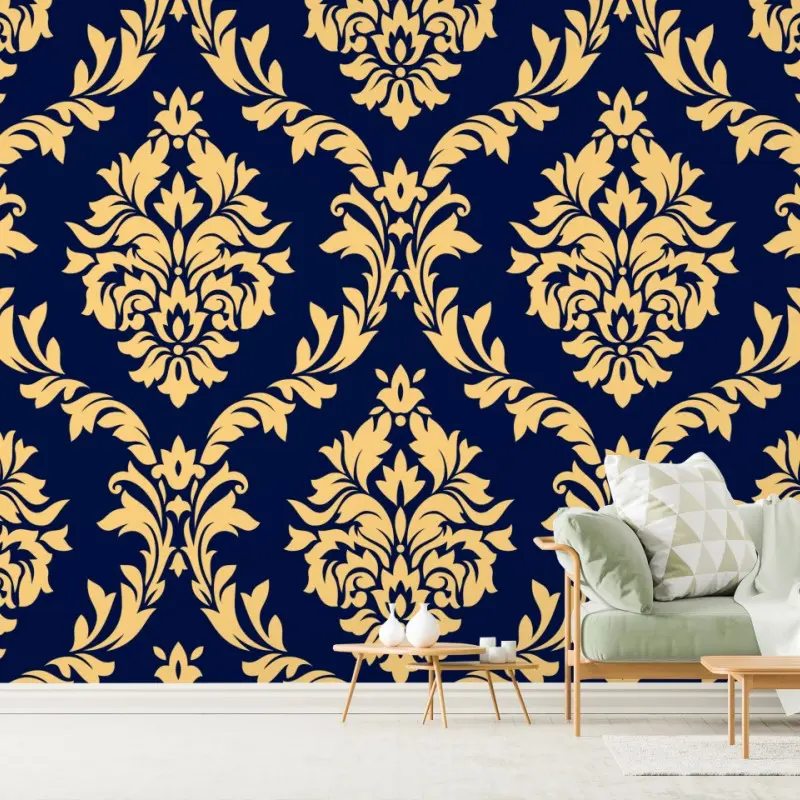 Fototapete elegantes goldenes damastmuster auf tiefblauem hintergrund