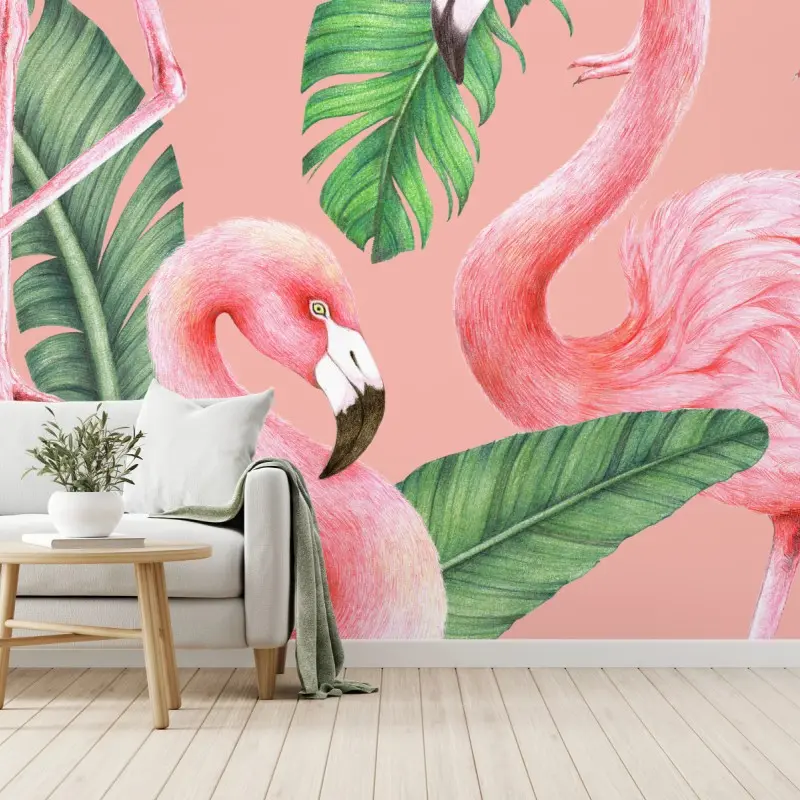 Fototapete rosa flamingo muster mit tropischen blättern