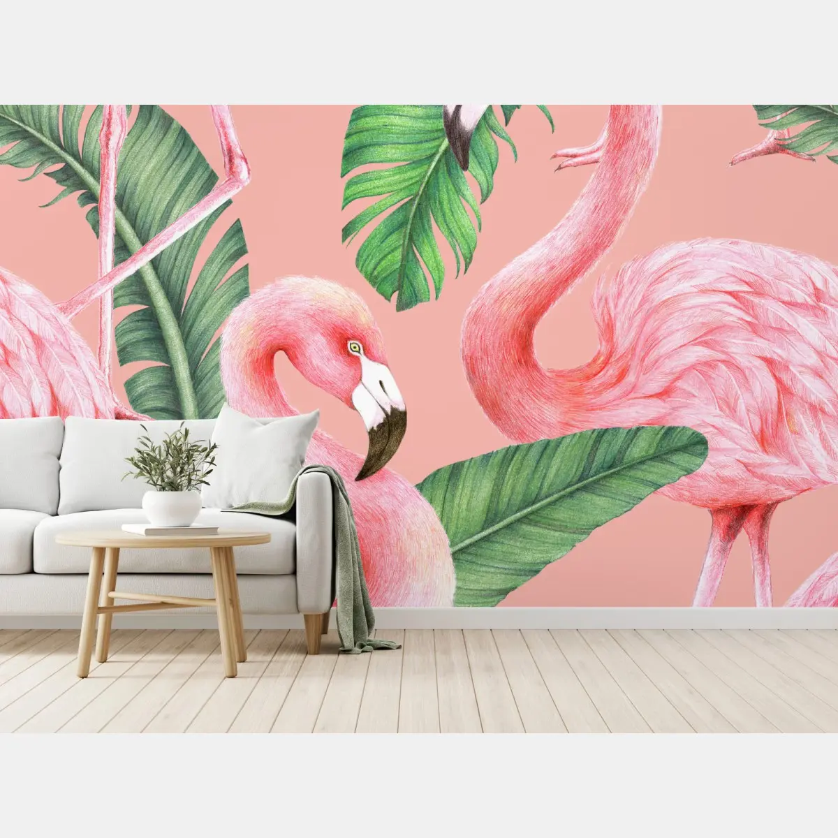 Fototapete rosa flamingo muster mit tropischen blättern – Pixers®