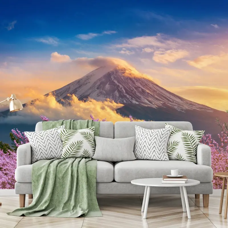 Fototapete Berg Fuji mit blühenden kirschblüten bei sonnenaufgang